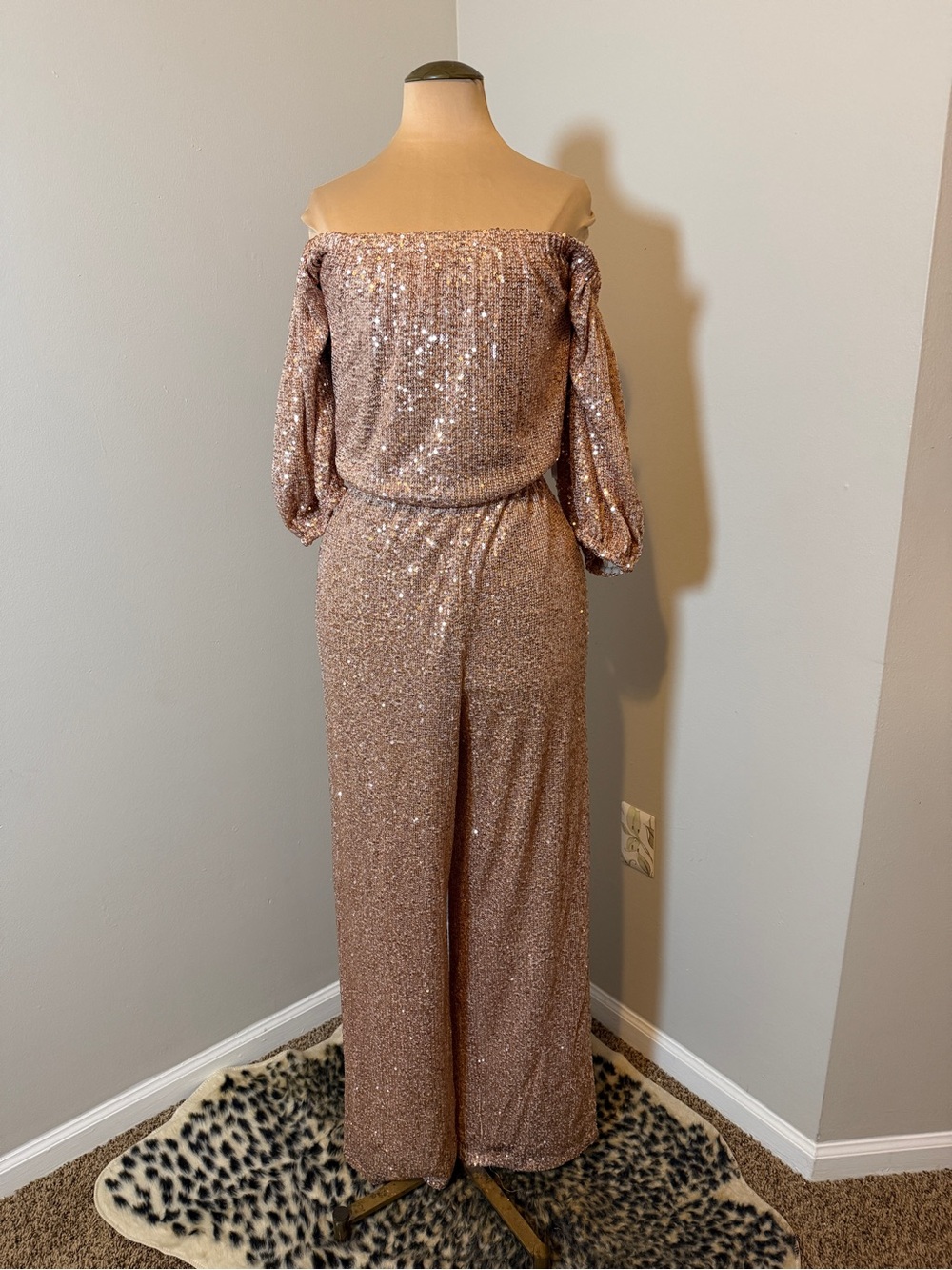 NWT Off-Shoulder Rose Gold Sequin Jumpsuit